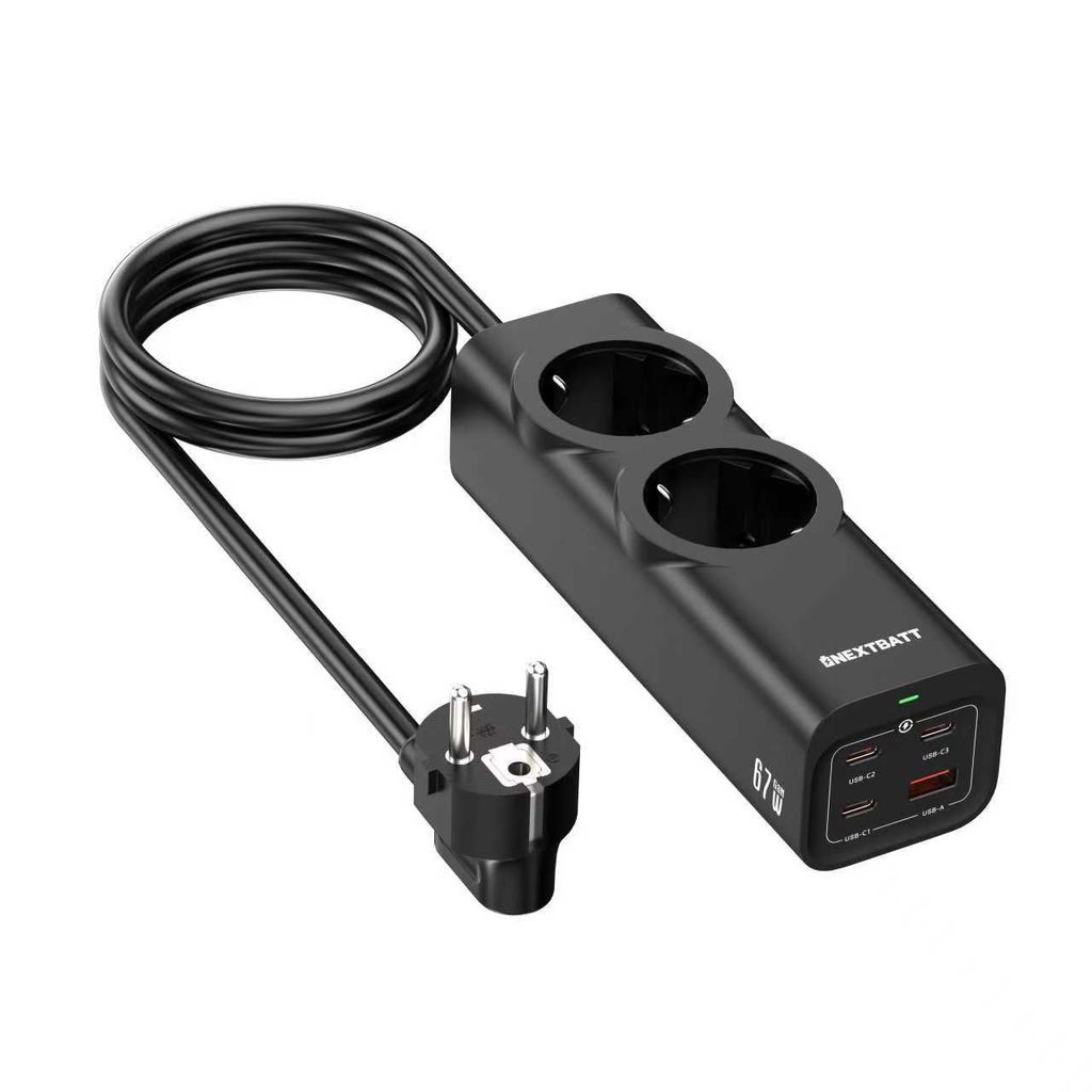 NEXTBATT 67W Snabbladdning Grenuttag 2-vägs/ 3xUSB-C/1x USB-A, 2m - Svart | Laddare - Mobilladdare - Universal Mobilladdare | Batteritema