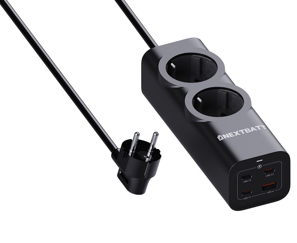 NEXTBATT 67W Fast Charging Power Strip 2-way/ 3xUSB-C/1x USB-A, 2m - Black