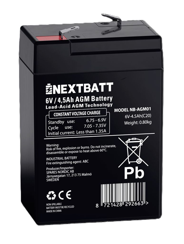 NEXTBATT AGM-batteri 6V 4,5Ah – 70x47x100 mm