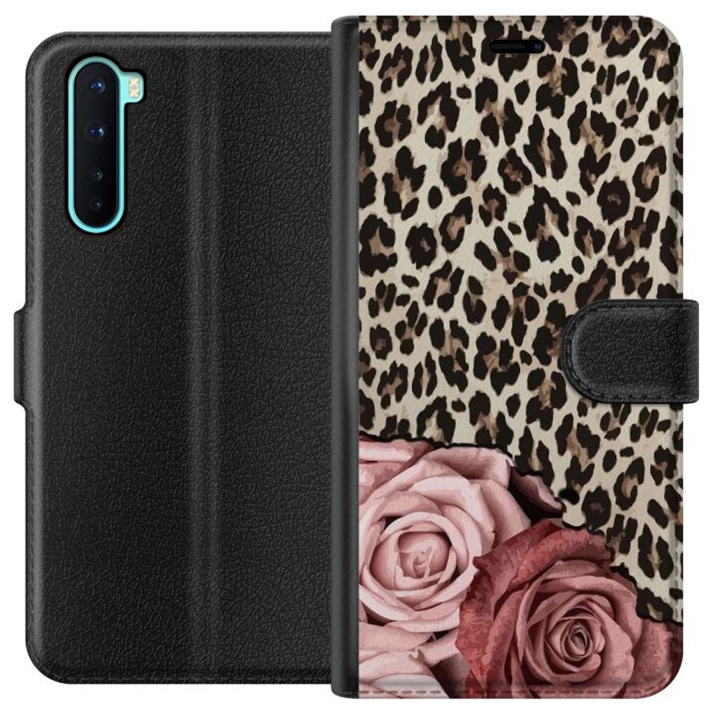 OnePlus Nord Sort Tegnebogsetui Leopardrosor