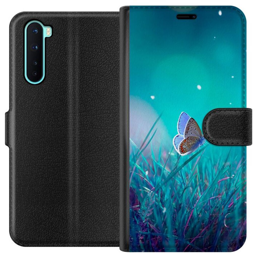 OnePlus Nord Svart Plånboksfodral Blå fjäril