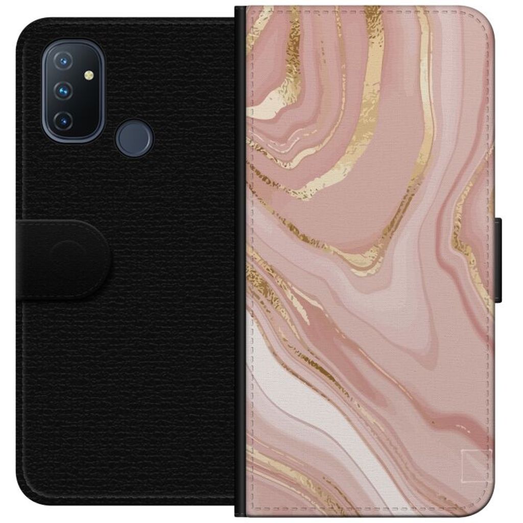 OnePlus Nord N100 Svart Plånboksfodral Ljusrosa marmor