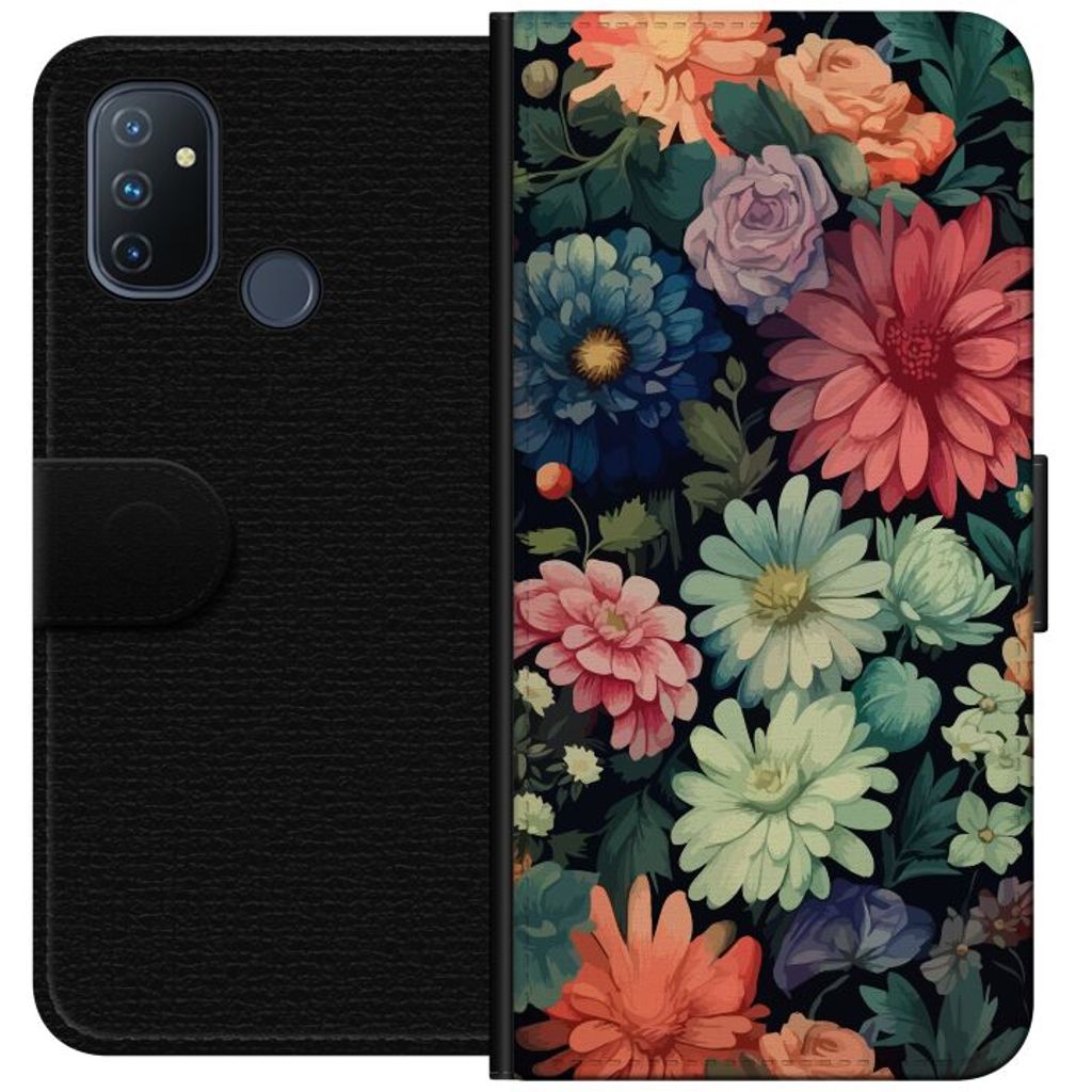 OnePlus Nord N100 Svart Plånboksfodral Färglada blommor