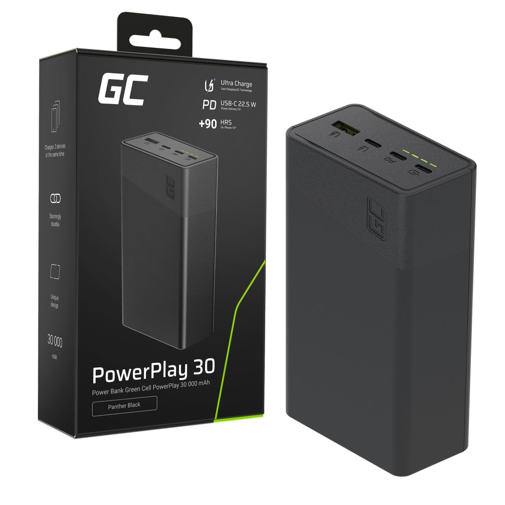Greencell PowerPlay 30 Varavirtalähde 30000mAh, 22.5W, 3x USB-C / 1x USB-A - Musta