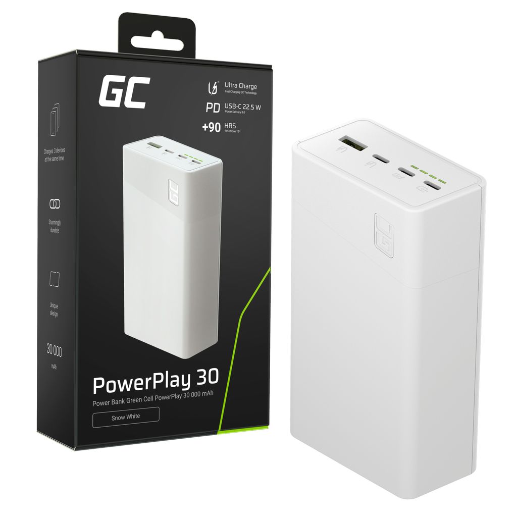 Greencell PowerPlay 30 Varavirtalähde 30000mAh, 22.5W, 3x USB-C / 1x USB-A - Valkoinen