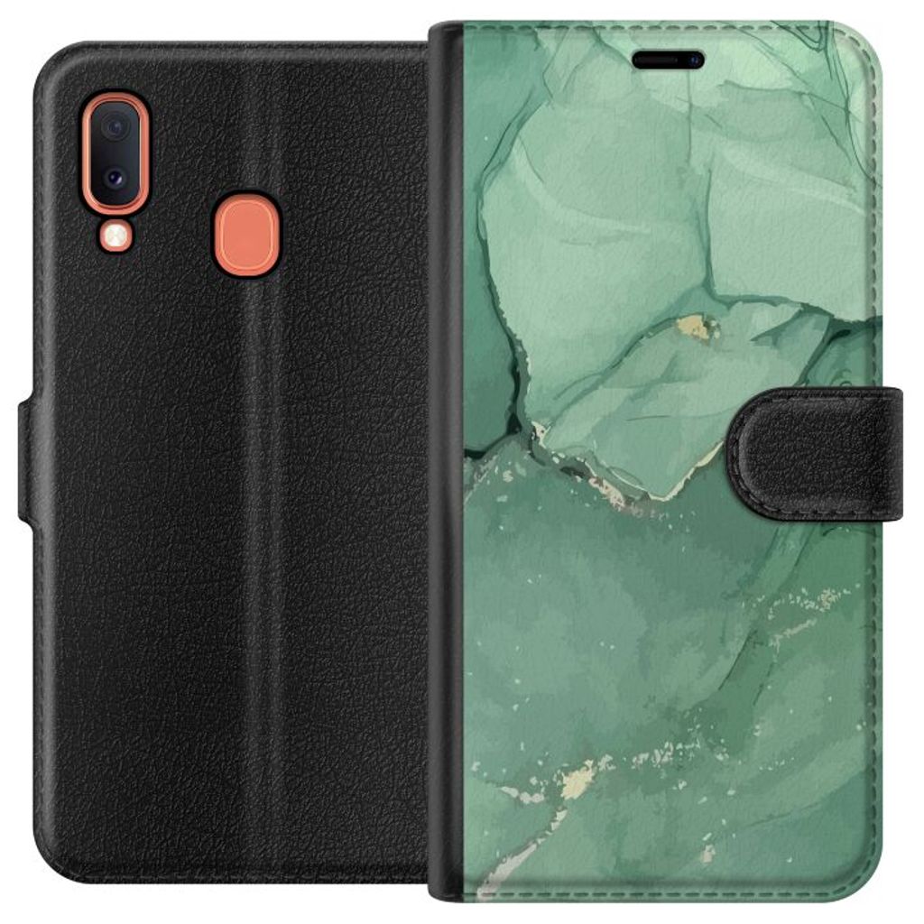 Samsung Galaxy A20e Svart Plånboksfodral Grön Marmor