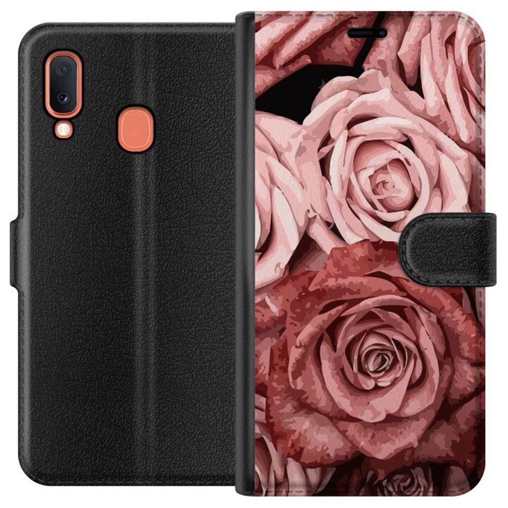 Samsung Galaxy A20e Svart Plånboksfodral Rosmönster