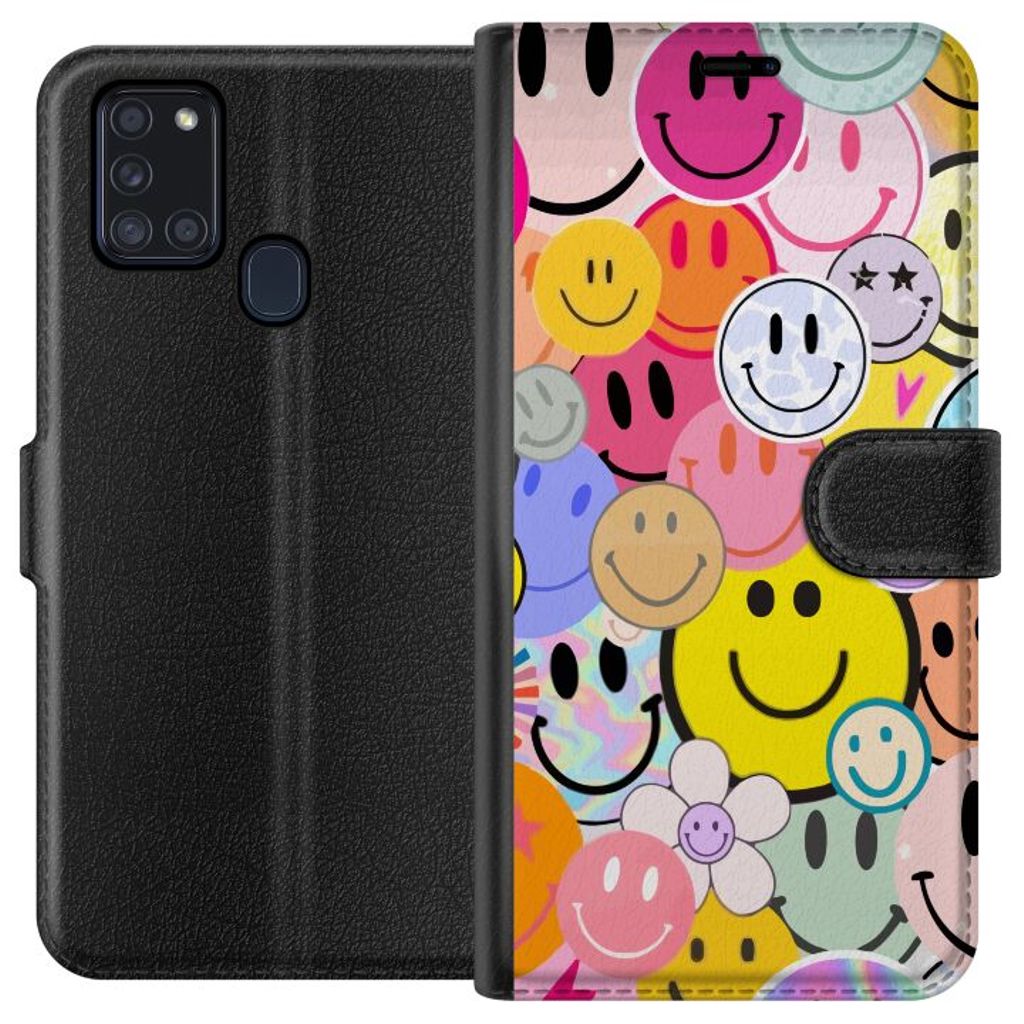 Samsung Galaxy A21s Sort Lommebokdeksel Leende Ansikten