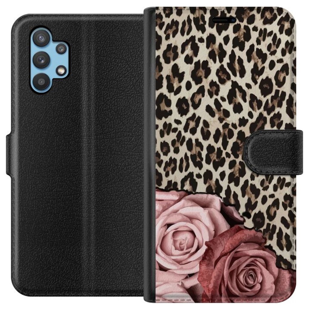 Samsung Galaxy A32 5G Musta Lompakkokotelo Leopardrosor