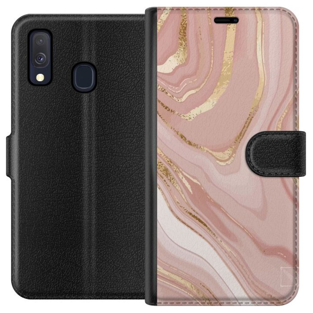 Samsung Galaxy A40 Svart Plånboksfodral Ljusrosa marmor