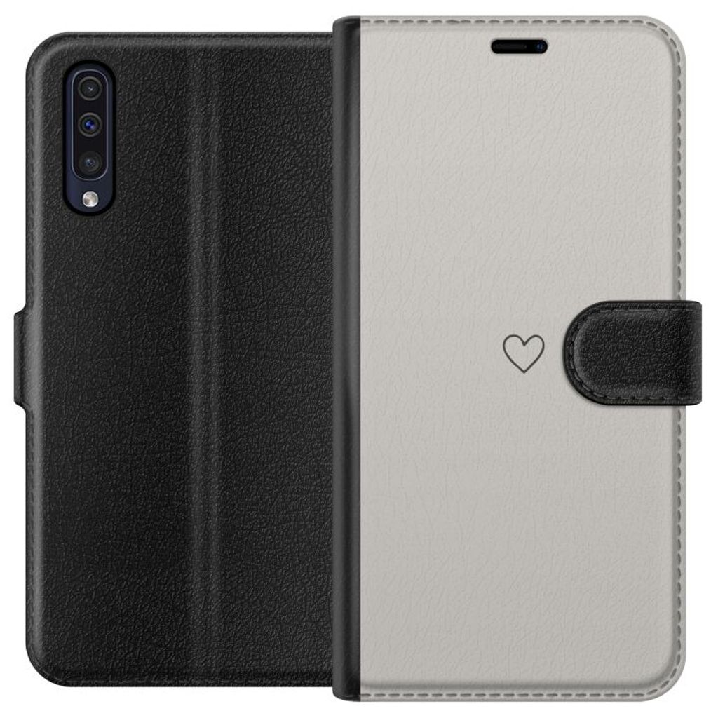 Samsung Galaxy A50 Svart Plånboksfodral Grått hjärta