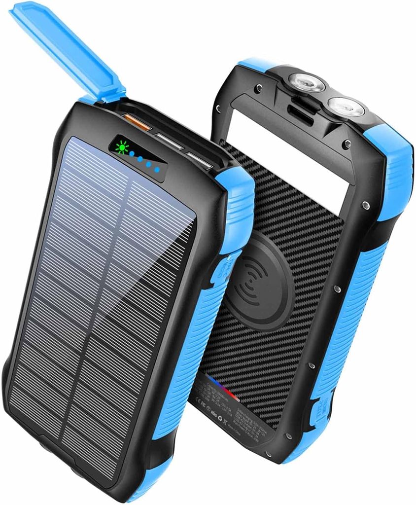 SiGN Solcell Powerbank med Trådlös Laddning, 20000mAh - Blå