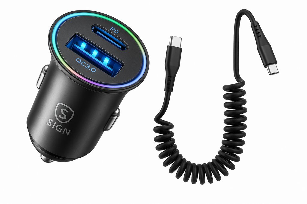 SiGN 60W Billaddare med Upprullad USB-C till USB-C-kabel – Svart | Reservdelar - Mobiltillbehör - Universala - Biltillbehör - Billaddare | Batteritema