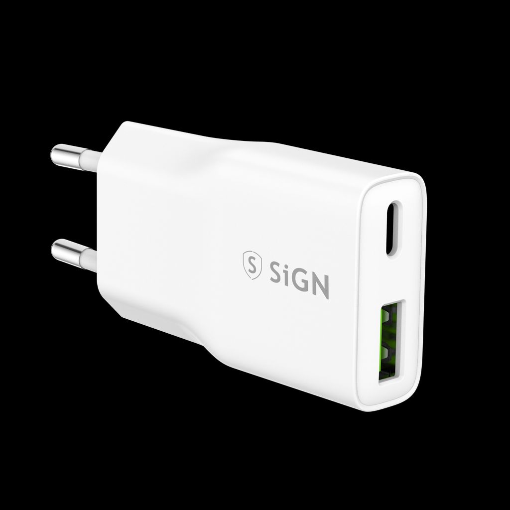 SiGN GaN Pikalaturi USB-A ja USB-C, PD ja QC3.0, 3A, 20W – Valkoinen