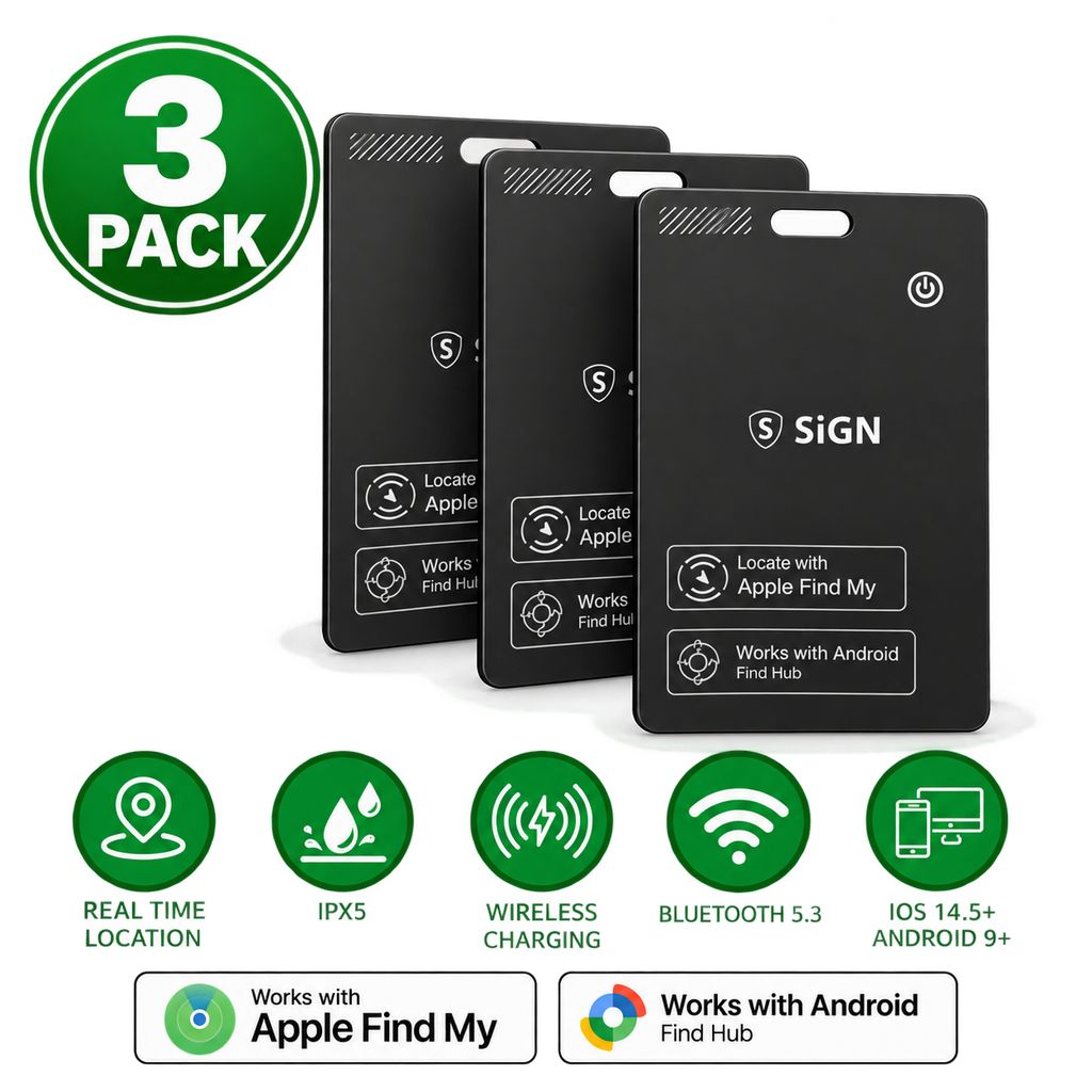 SiGN Ultra Slim posisjonsfinner Bluetooth-sporing for lommebok-smartkort – svart (3-pakning)