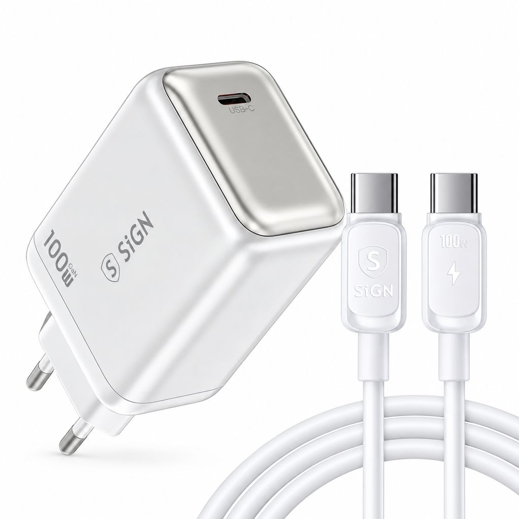 SiGN USB-C PD GaN Snabbladdare 100W + USB-C Kabel för MacBook/Lenovo/HP/ASUS/Acer - Vit