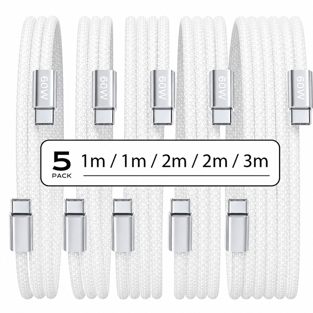 SiGN USB-C till USB-C-kabel 60W, 5-pack – Vit