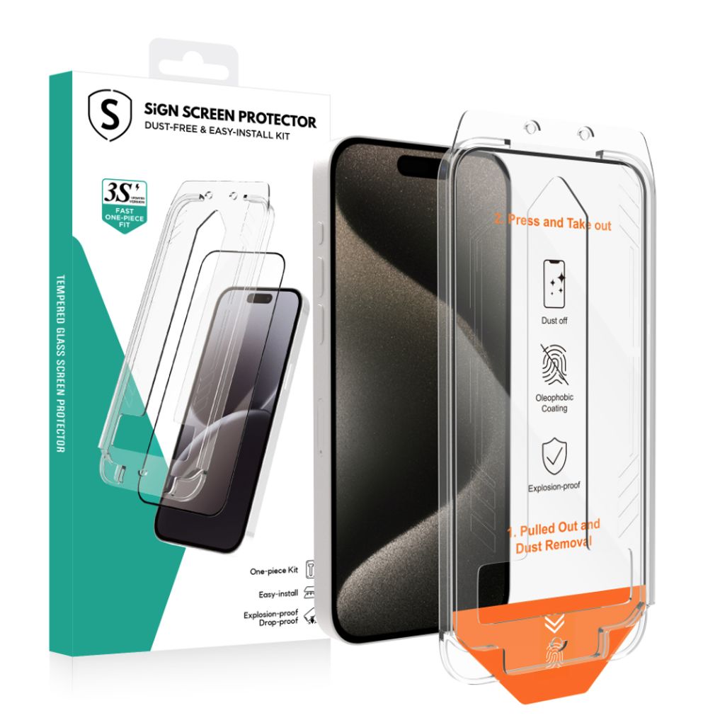 SiGN Skjermbeskytter iPhone 15 Pro Max – EZ Apply med Støvfri Applikator