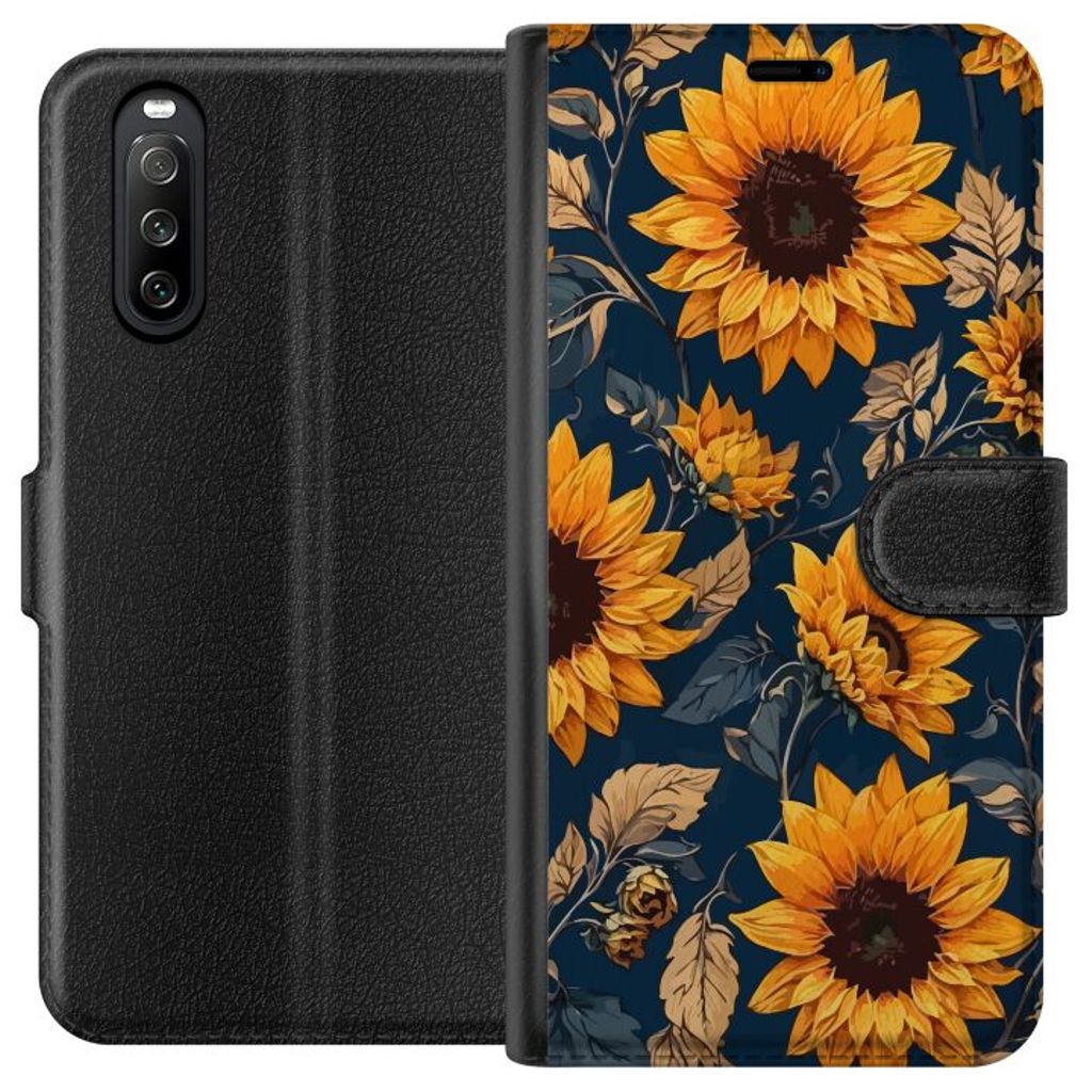 Sony Xperia 10 III Svart Plånboksfodral Solrosor