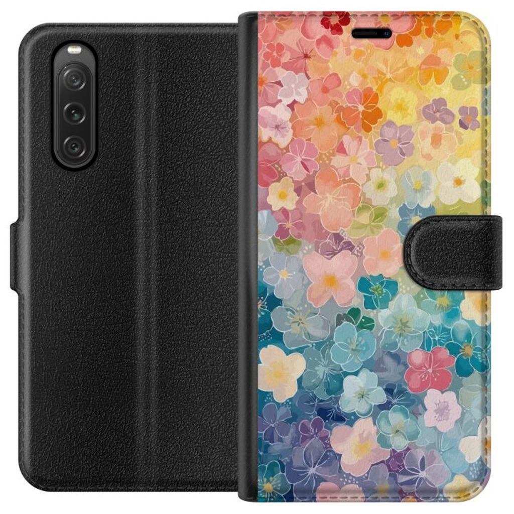Sony Xperia 10 V Svart Plånboksfodral Miniatyrblommor
