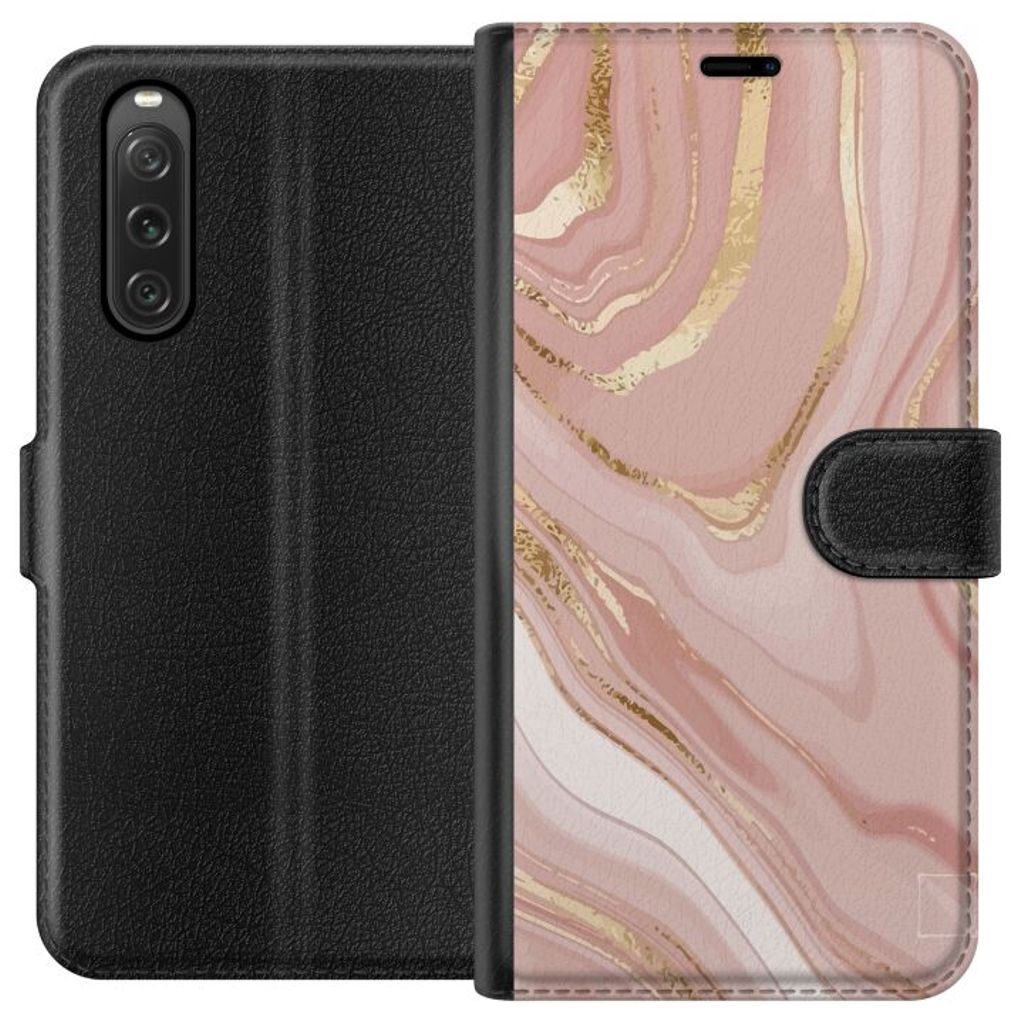Sony Xperia 10 V Sort Lommebokdeksel Ljusrosa marmor