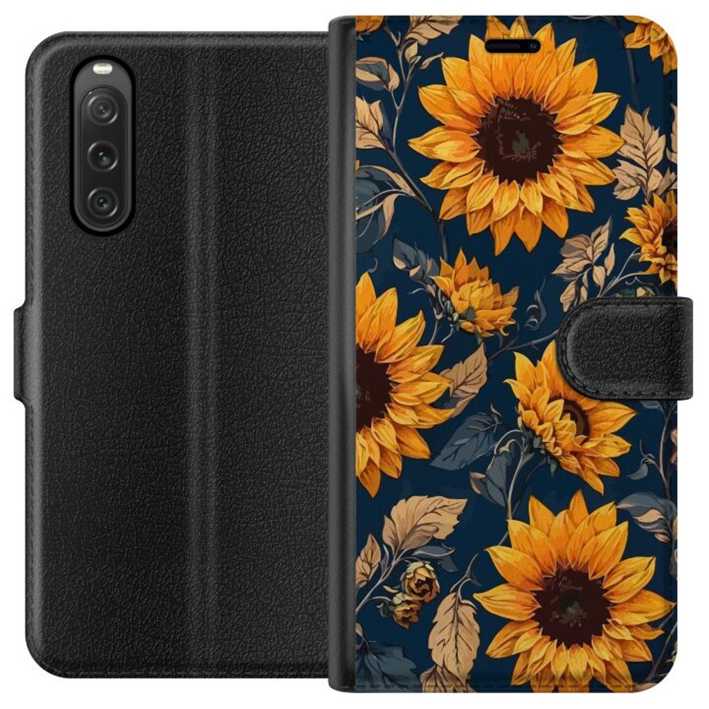 Sony Xperia 10 V Sort Lommebokdeksel Solrosor