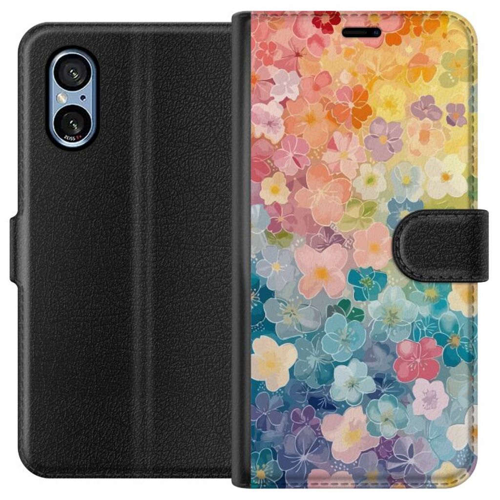 Sony Xperia 10 VI Svart Plånboksfodral Miniatyrblommor
