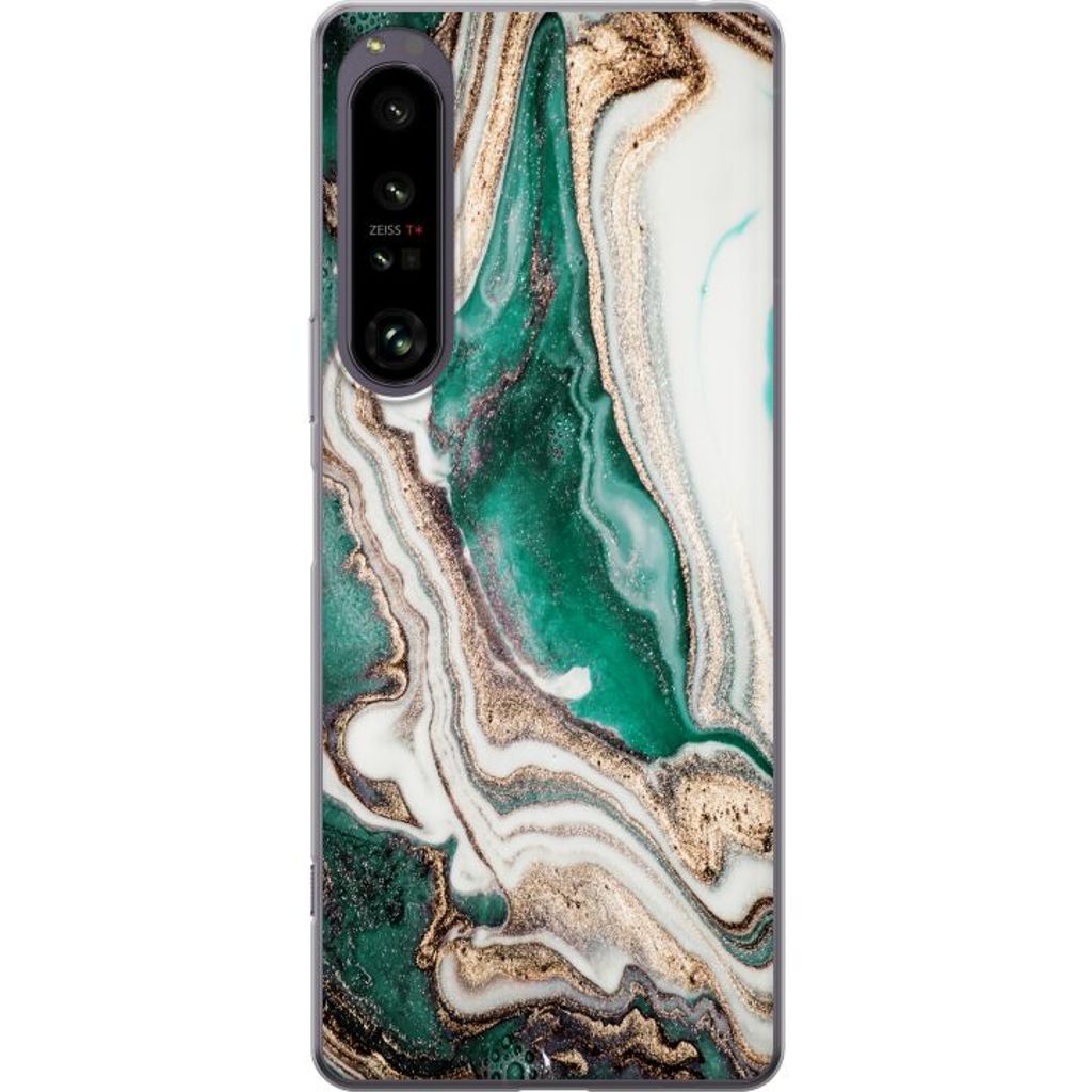 Sony Xperia 1 IV Transparent Mobilskal Grön / Guld marmor