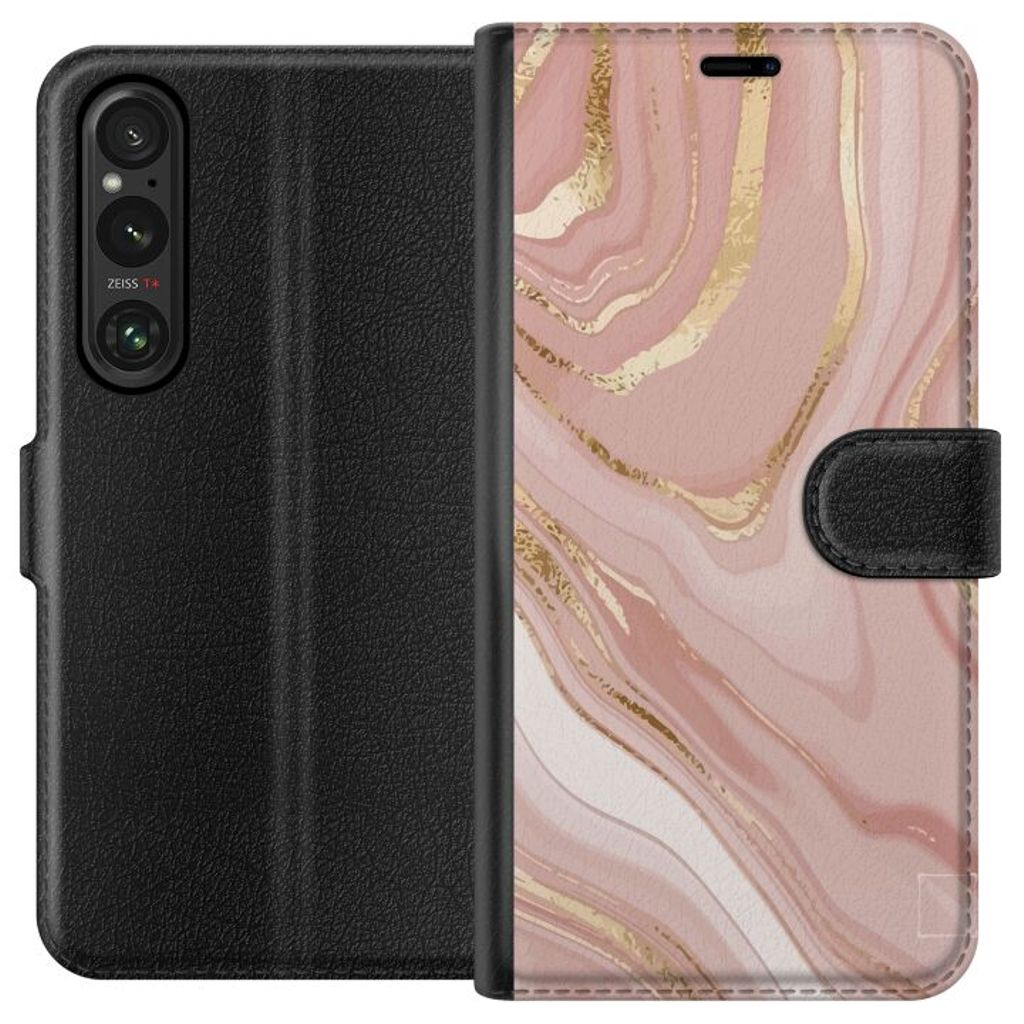 Sony Xperia 1 VI Sort Lommebokdeksel Ljusrosa marmor