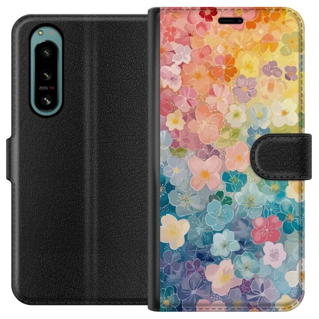 Sony Xperia 5 IV Svart Plånboksfodral Miniatyrblommor