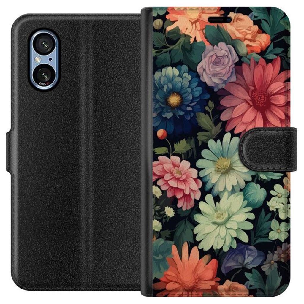 Sony Xperia 5 V Sort Lommebokdeksel Färglada blommor