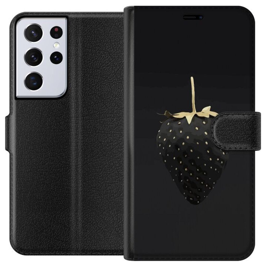 Samsung Galaxy S21 Ultra 5G Svart Plånboksfodral Exklusiv Jordgubbe