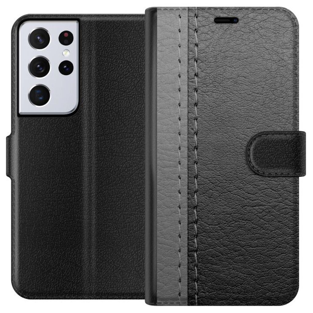 Samsung Galaxy S21 Ultra 5G Sort Lommebokdeksel Grått Fake Läder