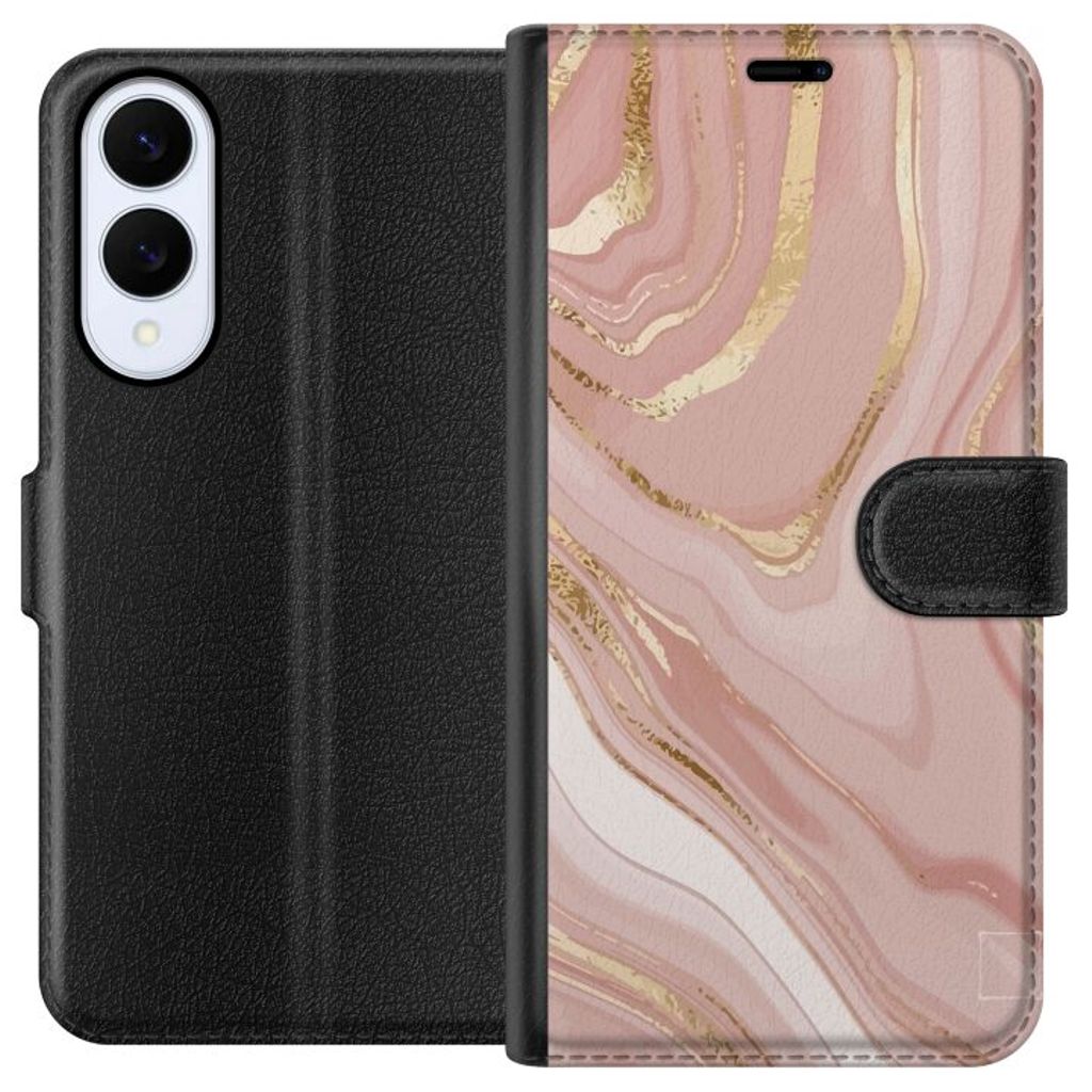 Samsung Galaxy S25 Edge Sort Lommebokdeksel Ljusrosa marmor