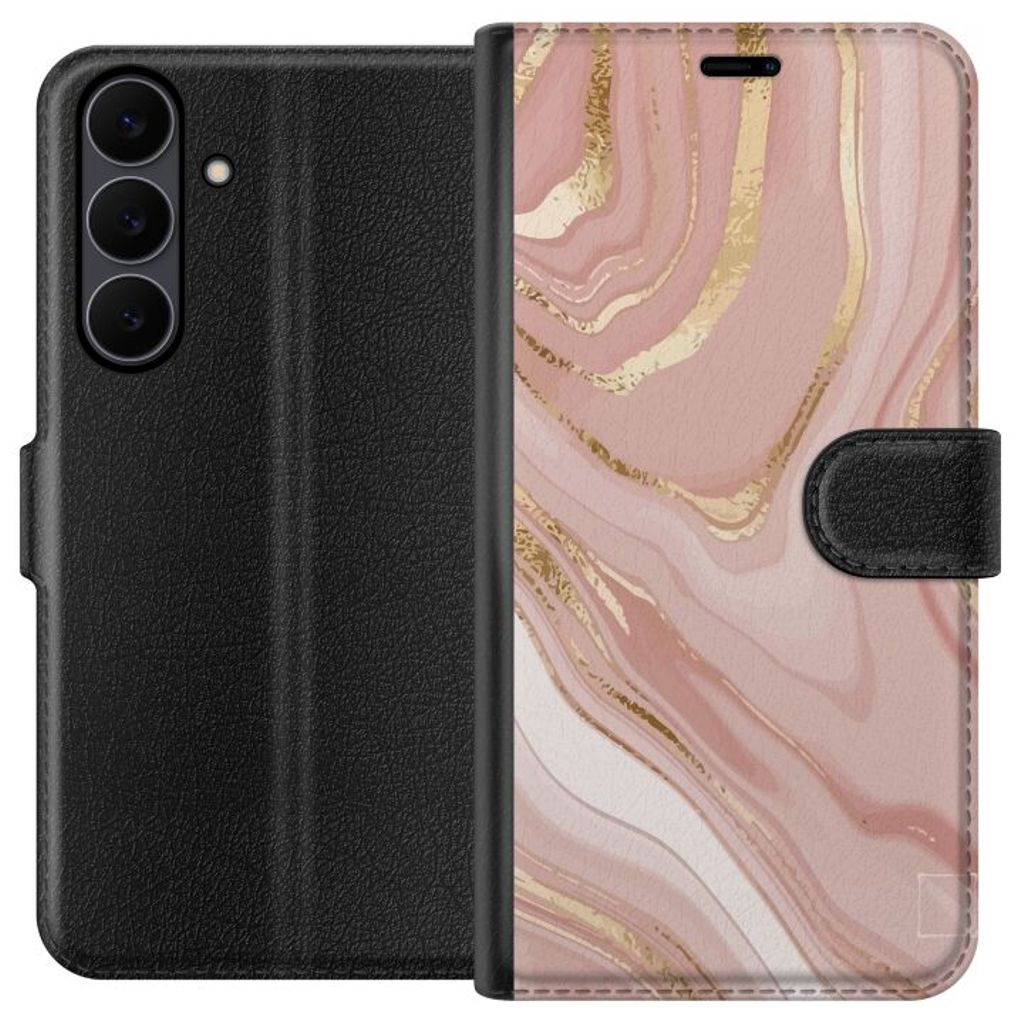 Samsung Galaxy S25 FE Musta Lompakkokotelo Ljusrosa marmor