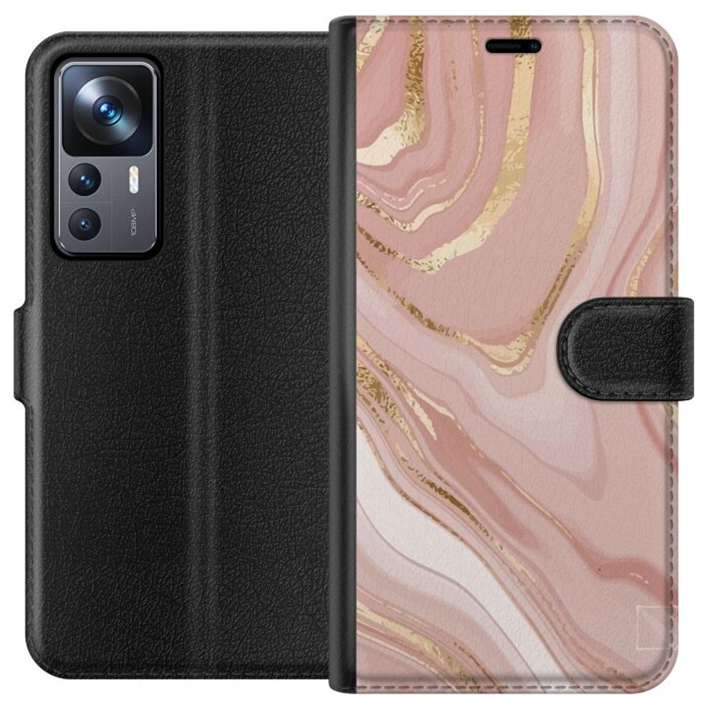 Xiaomi 12T Svart Plånboksfodral Ljusrosa marmor