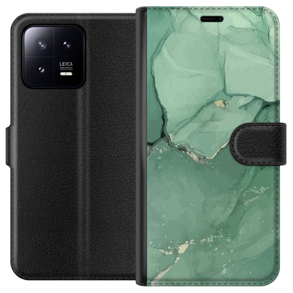 Xiaomi 13 Svart Plånboksfodral Grön Marmor