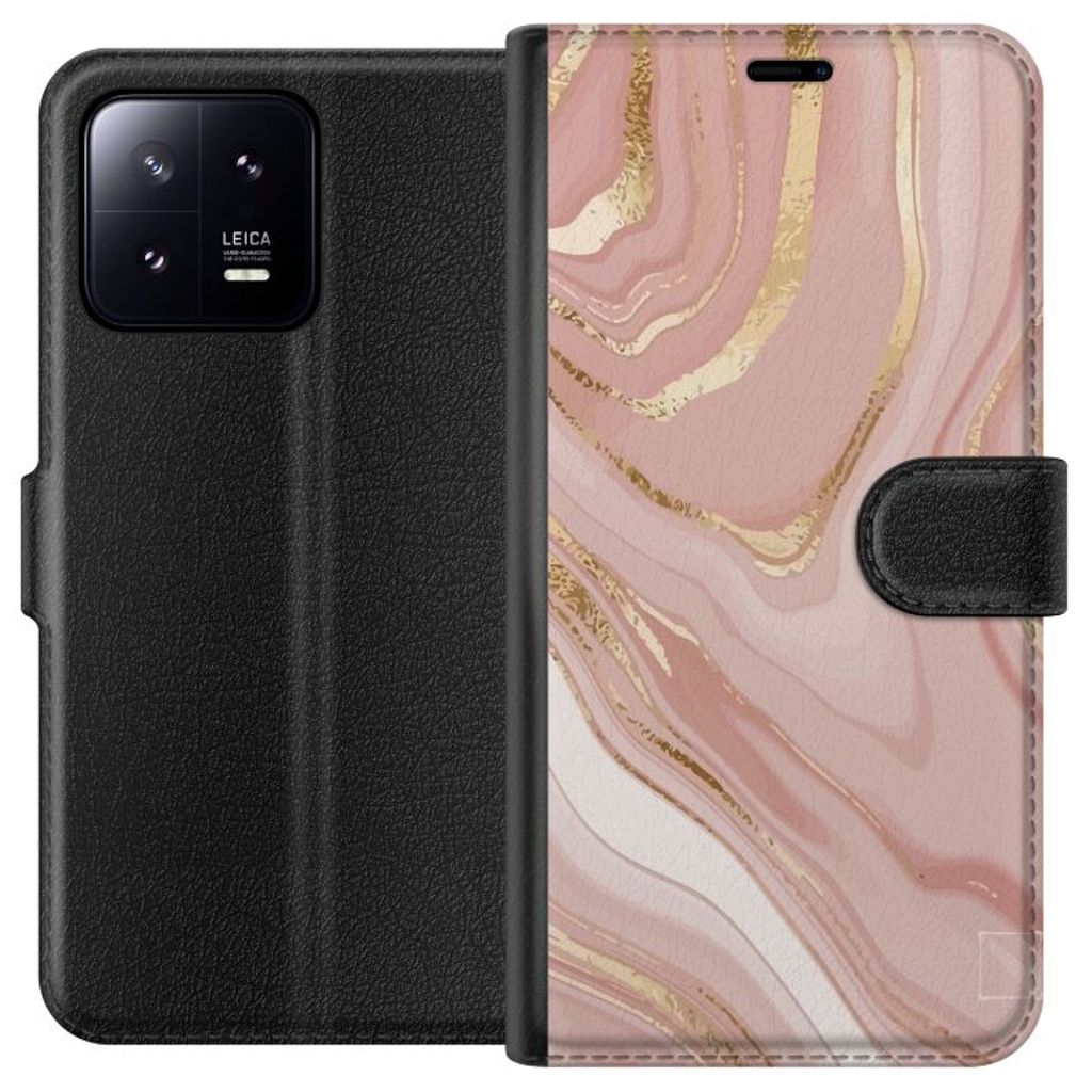 Xiaomi 13 Svart Plånboksfodral Ljusrosa marmor