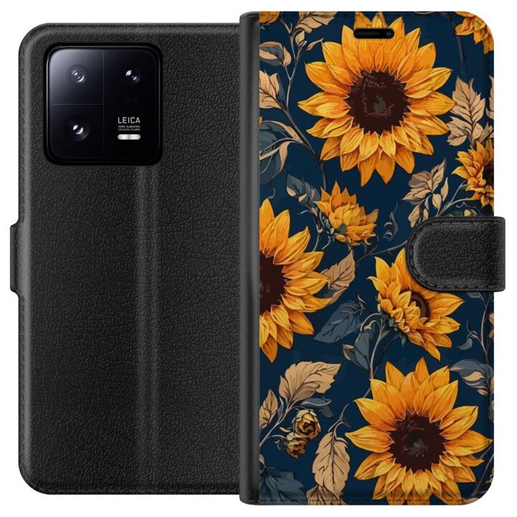 Xiaomi 13 Pro Svart Plånboksfodral Solrosor