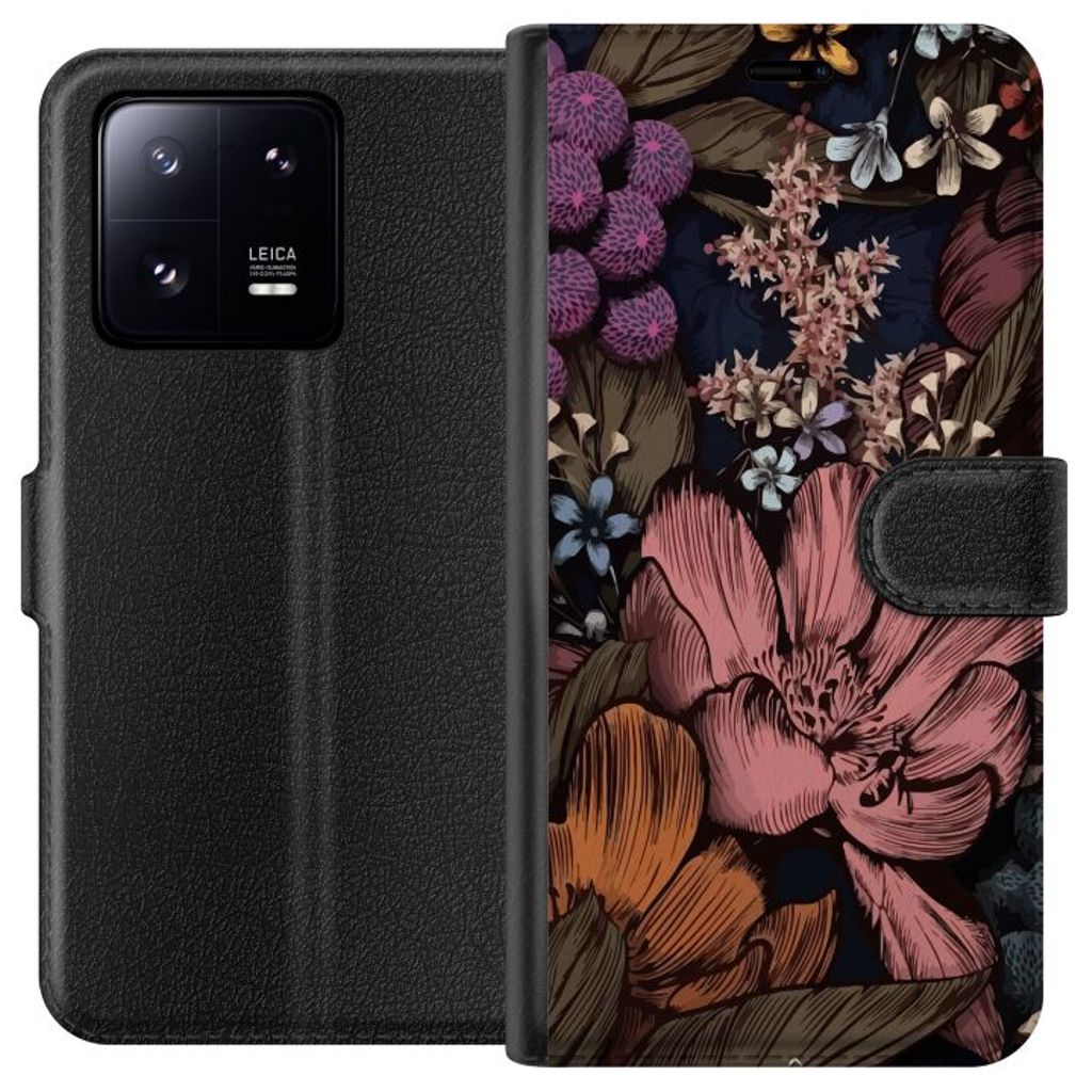 Xiaomi 13 Pro Svart Plånboksfodral Tecknade blommor
