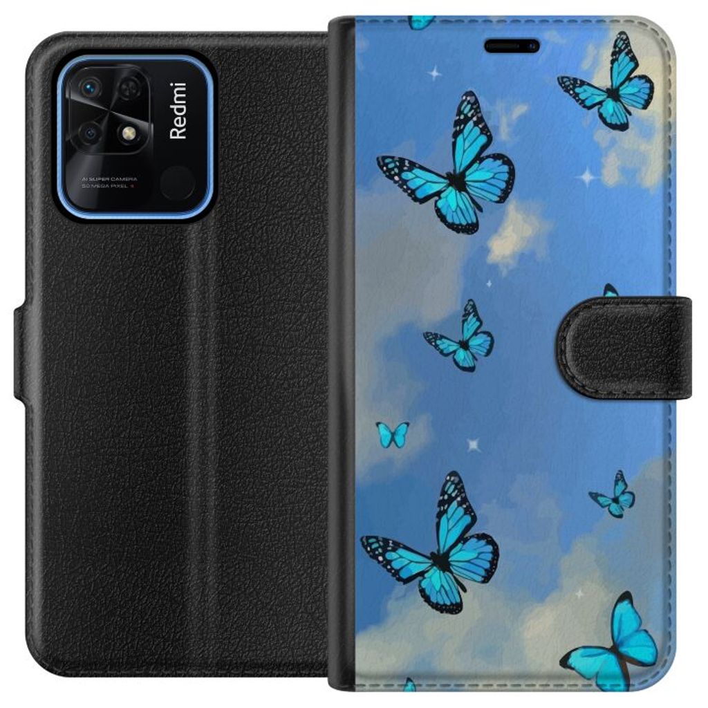 Xiaomi Redmi 10C Musta Lompakkokotelo Himlen med fjärilar