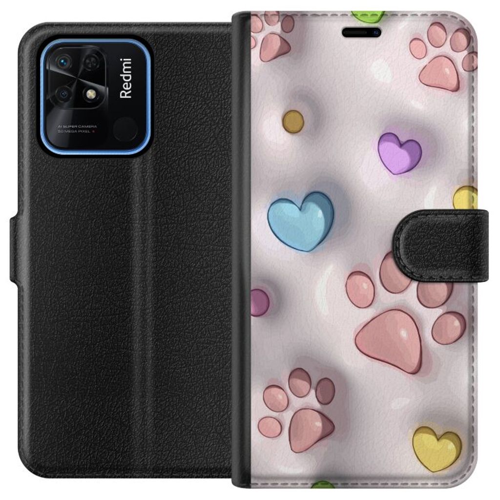 Xiaomi Redmi 10C Musta Lompakkokotelo Fluffiga Tassar