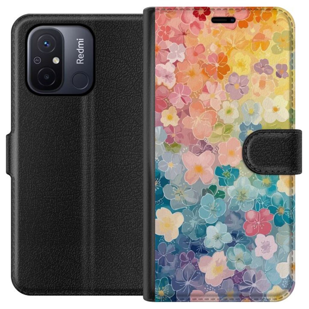 Xiaomi Redmi 12C Svart Plånboksfodral Miniatyrblommor