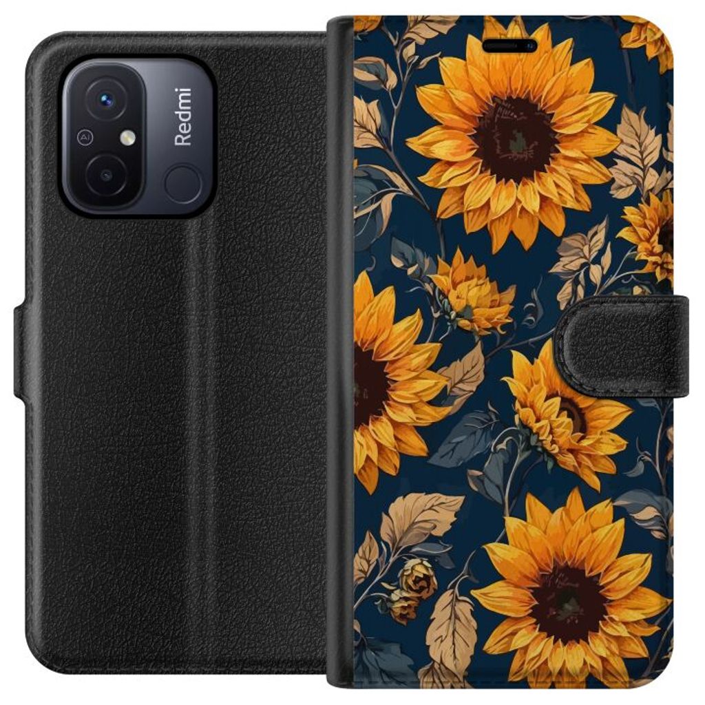 Xiaomi Redmi 12C Svart Plånboksfodral Solrosor