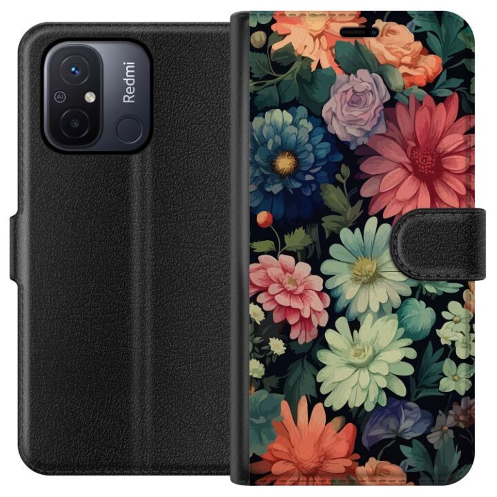 Xiaomi Redmi 12C Svart Plånboksfodral Färglada blommor