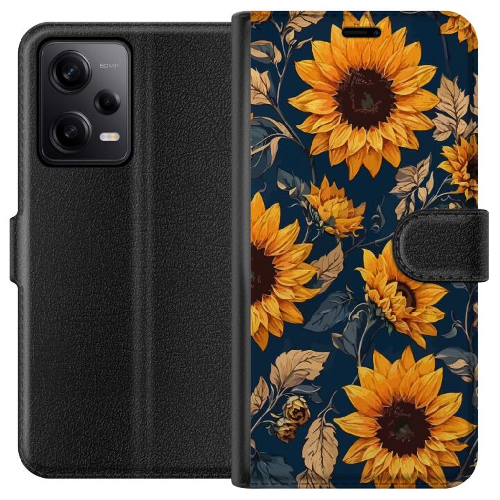 Xiaomi Redmi Note 12 Pro Svart Plånboksfodral Solrosor