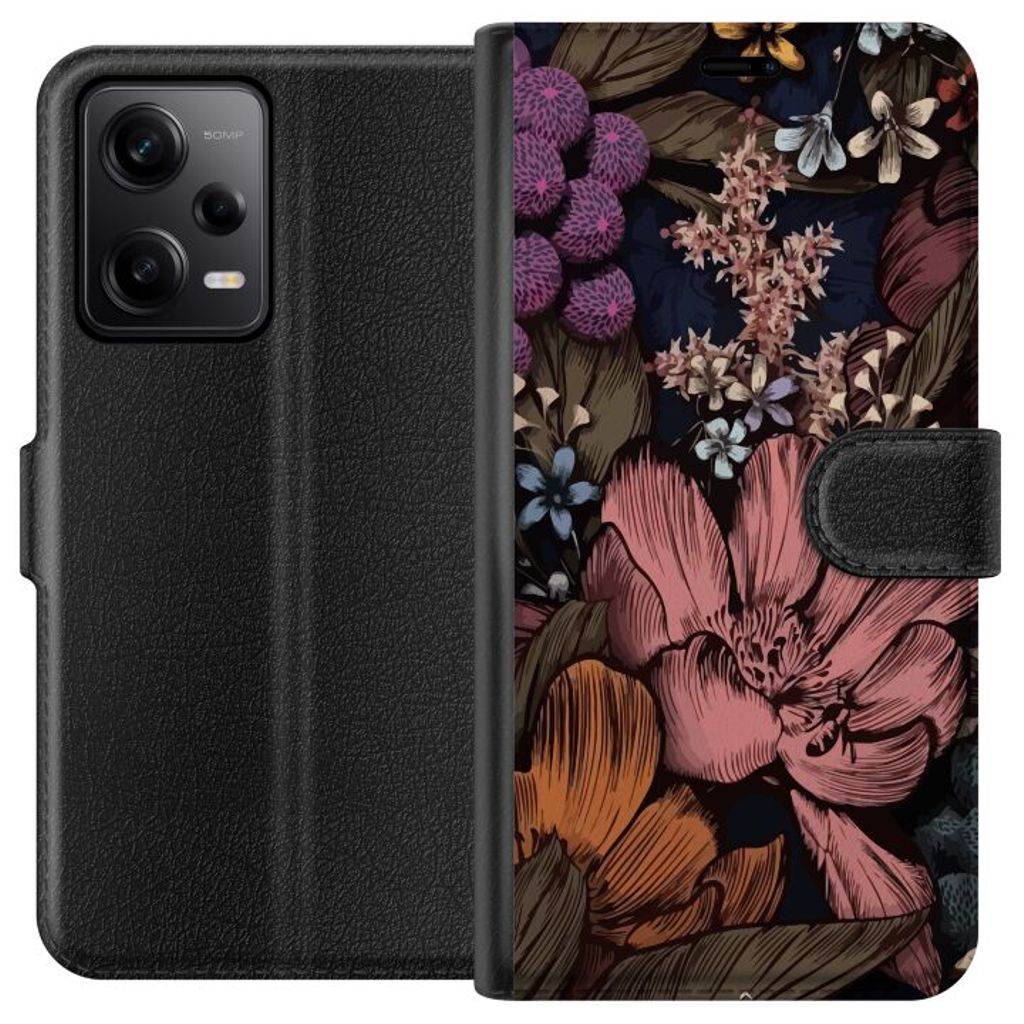 Xiaomi Redmi Note 12 Pro Svart Plånboksfodral Tecknade blommor
