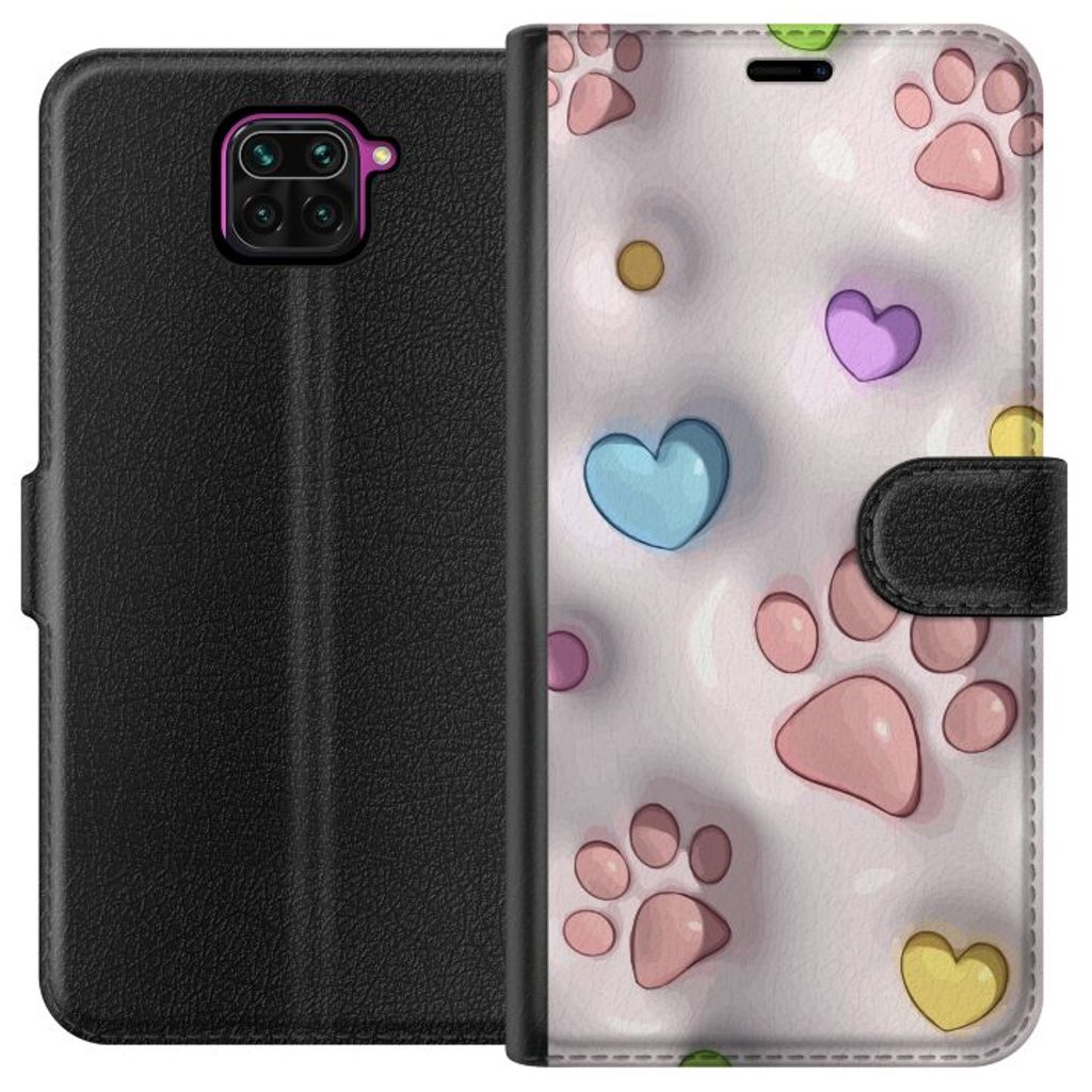 Xiaomi Redmi Note 9 Svart Plånboksfodral Fluffiga Tassar