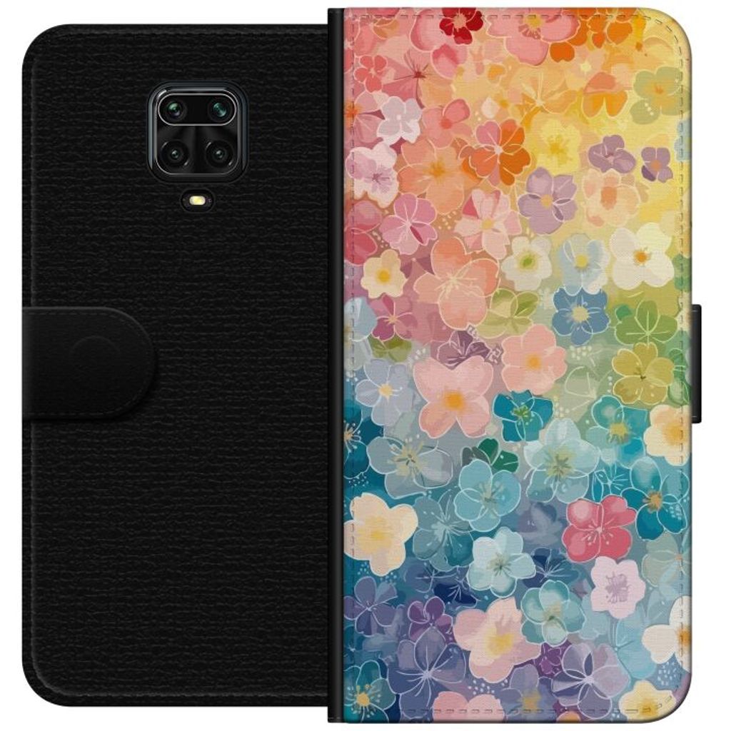 Xiaomi Redmi Note 9S Svart Plånboksfodral Miniatyrblommor