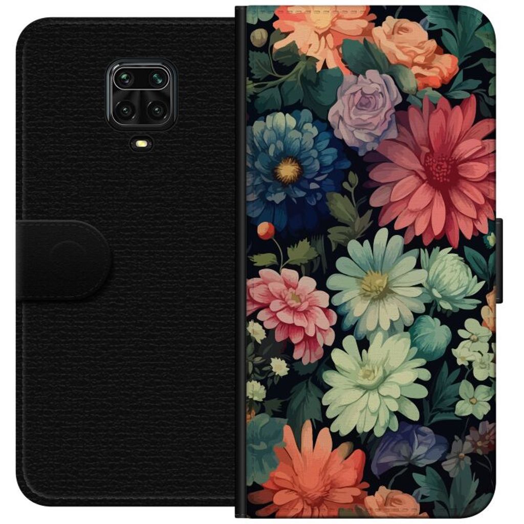 Xiaomi Redmi Note 9S Svart Plånboksfodral Färglada blommor